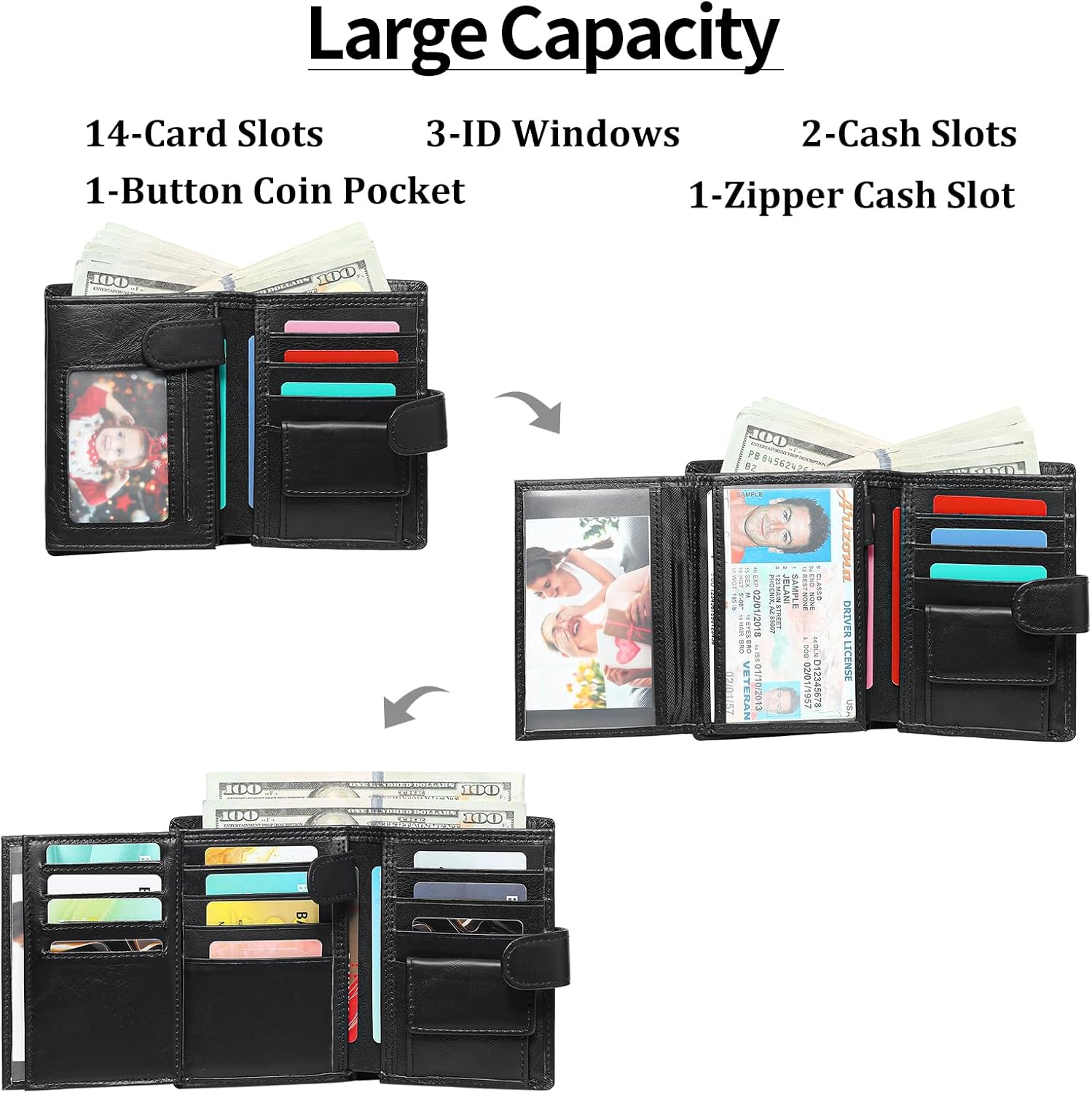 GAEKEAO Mens Wallet Large Capacity Genuine Leather RFID Blocking Bifold Wallets for Men with Coin Pocket 3 ID Windows - Image 2