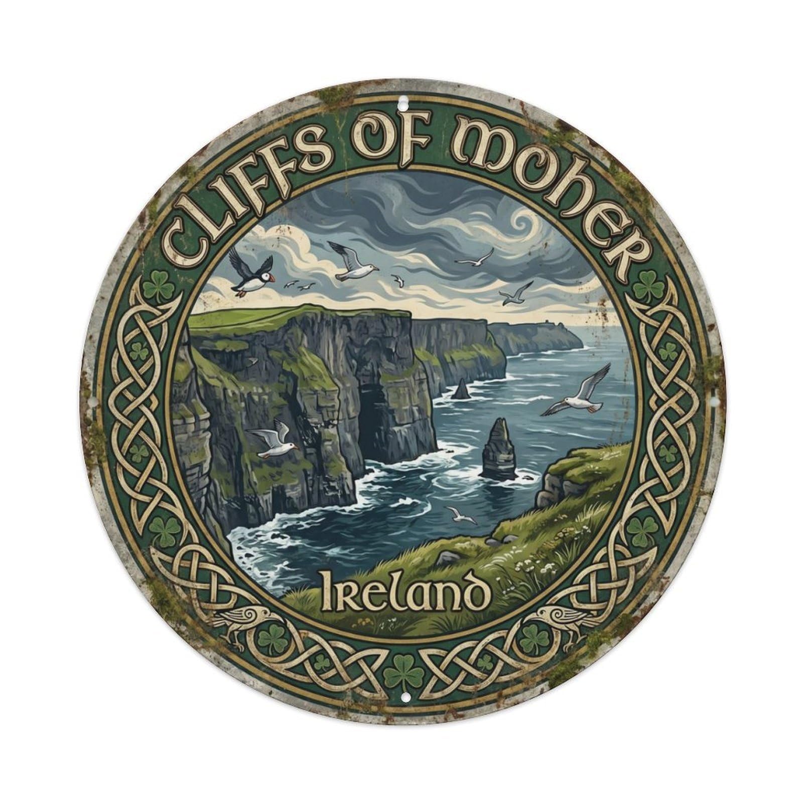 Vintage Travel Cliffs Moher Ireland 1 Metal Tin Sign Plaque Wall Decor for Cafe, Club Bar, Office, Home Garden Round Metal Poster 8x8Inch