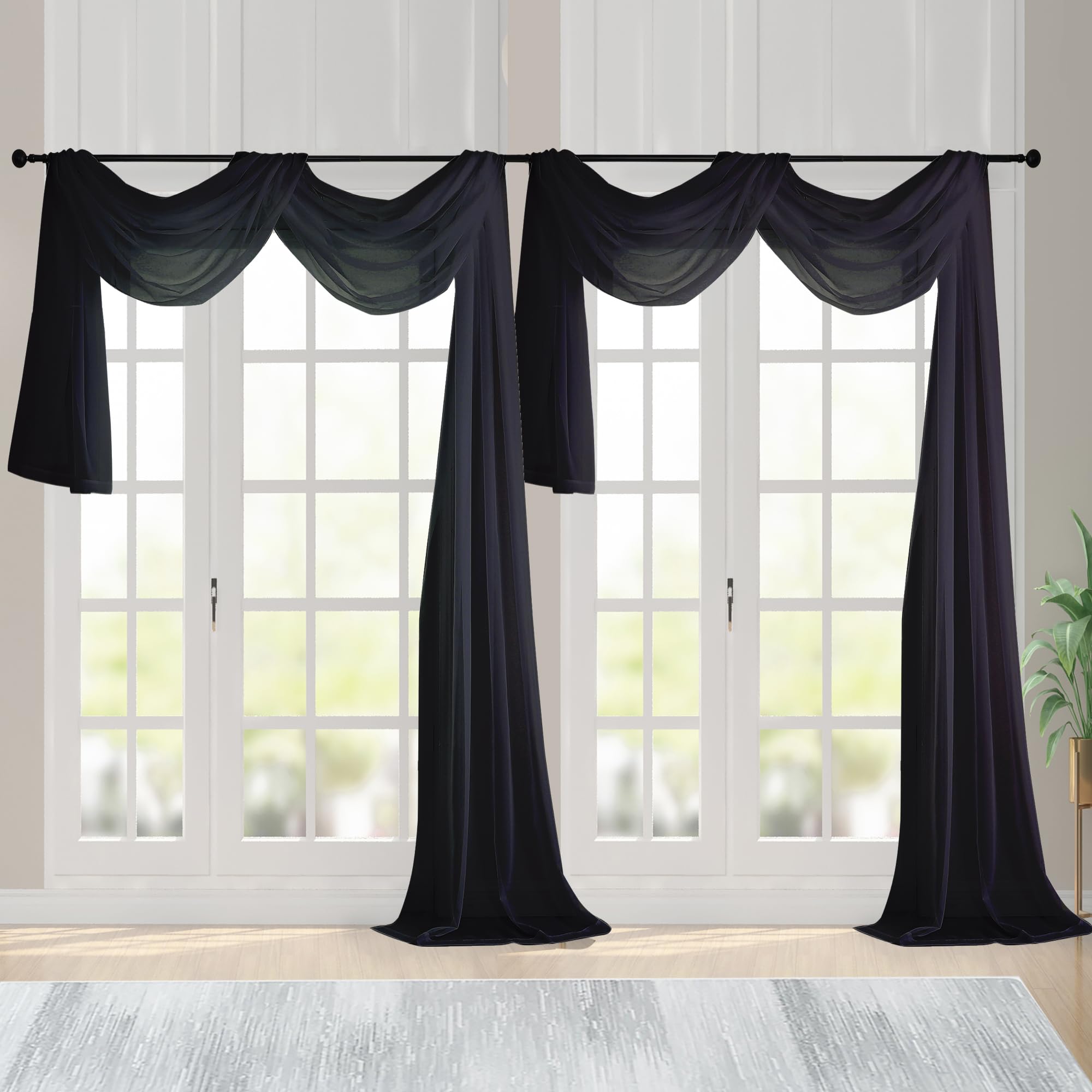 Chyhomenyc Extra Long Black Sheer Curtains 144 inch 2 Panels, Translucent Backdrop Window Scarf Drapes for Canopy Bed/Wedding/Living Room/Anniversary,