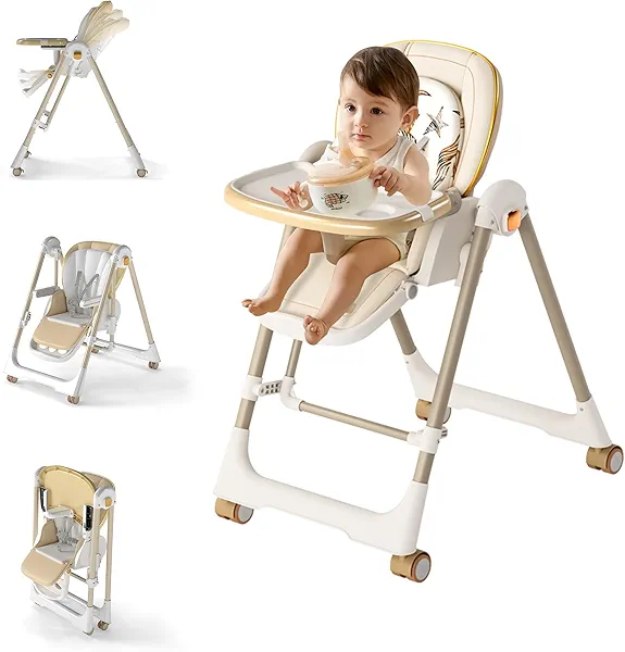 High Chairs for Babies and Toddlers, Foldable High Chair with Lockable Wheels, 4-in-1 Convertible, Adjustable Reclining Seat with Leg Rest & 5-Point Harness, Soft Cushion, Portable When Folded, Beige