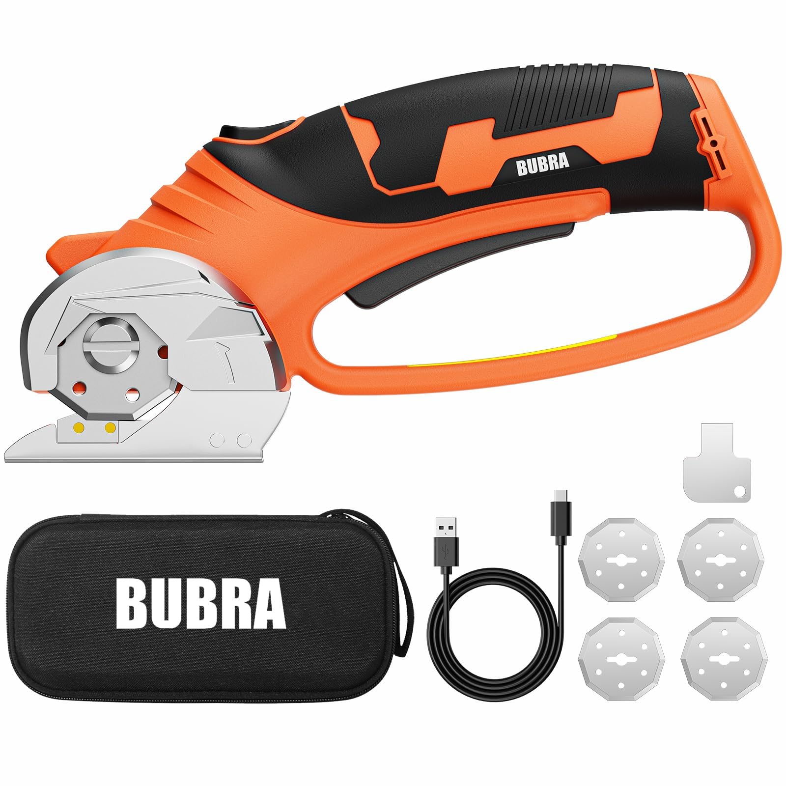 Photo 1 of Cordless Electric Scissors 4V Rechargeable Cardboard Cutter with 4 SK5 Blades, 2000mAh Battery, LED Light, Electric Box Cutter 1/3” Cutting Capacity Power Cutter for Fabric Carpet Leather DIY - Orange