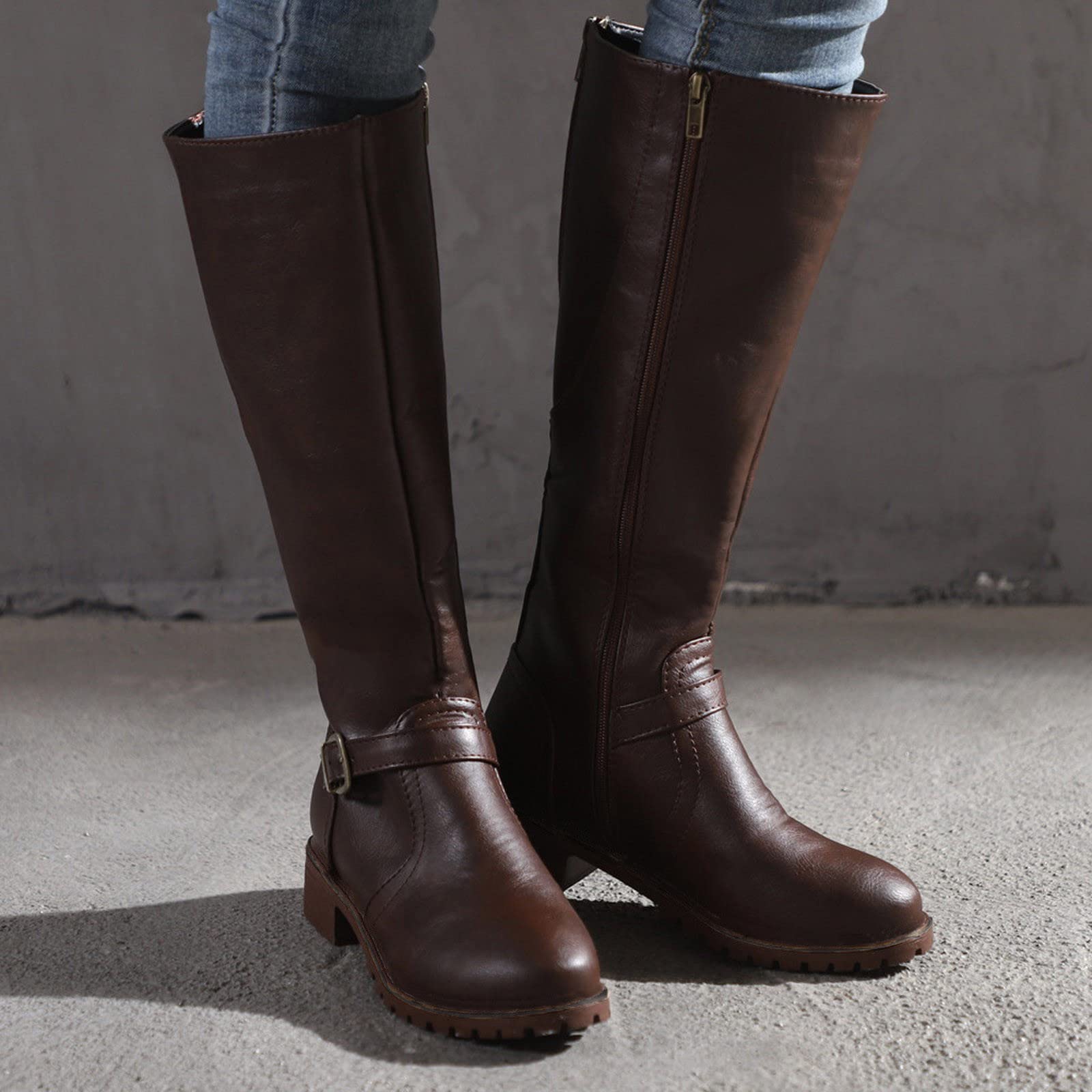 Genérico Botas Altas Mujer de Piel - Botines Mujer Invierno con Caña Ancha Botas Planas con Suela Plana Baja con Cremallera