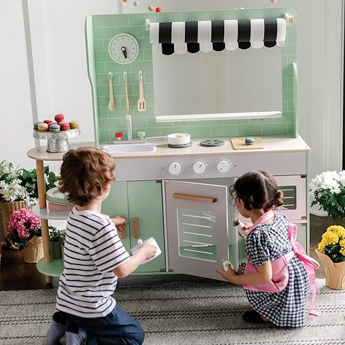 MindWare Play Kitchen Café  Juego único 2 en 1 con cocina en un lado y café en el otro  Juego de simulación para niños a partir de 3 años  Incluye