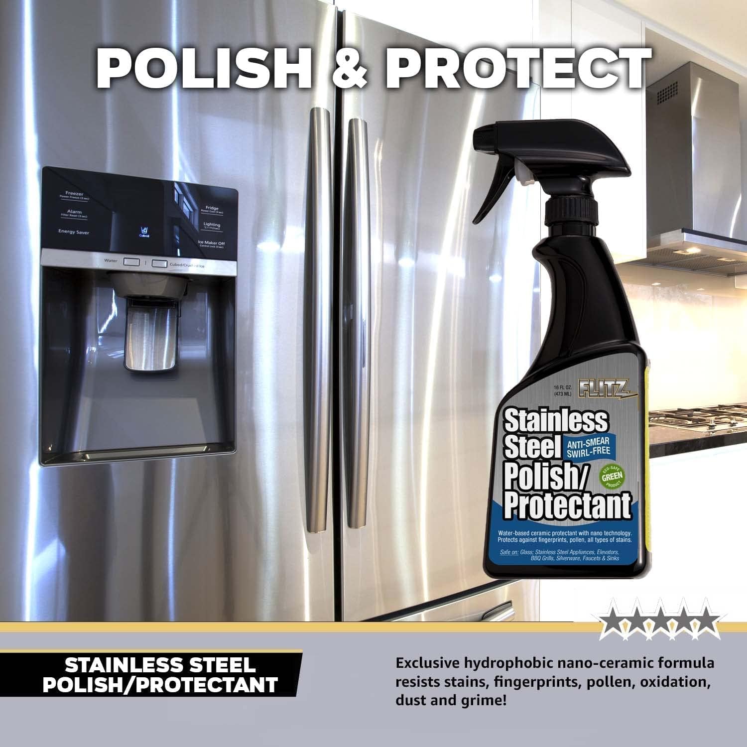 FLITZ Stainless Steel Appliance Kit - 7.6oz Liquid Polish, 16" Microfiber Cloth, 16oz Stainless Steel Chrome/Clean and Polish Protectant