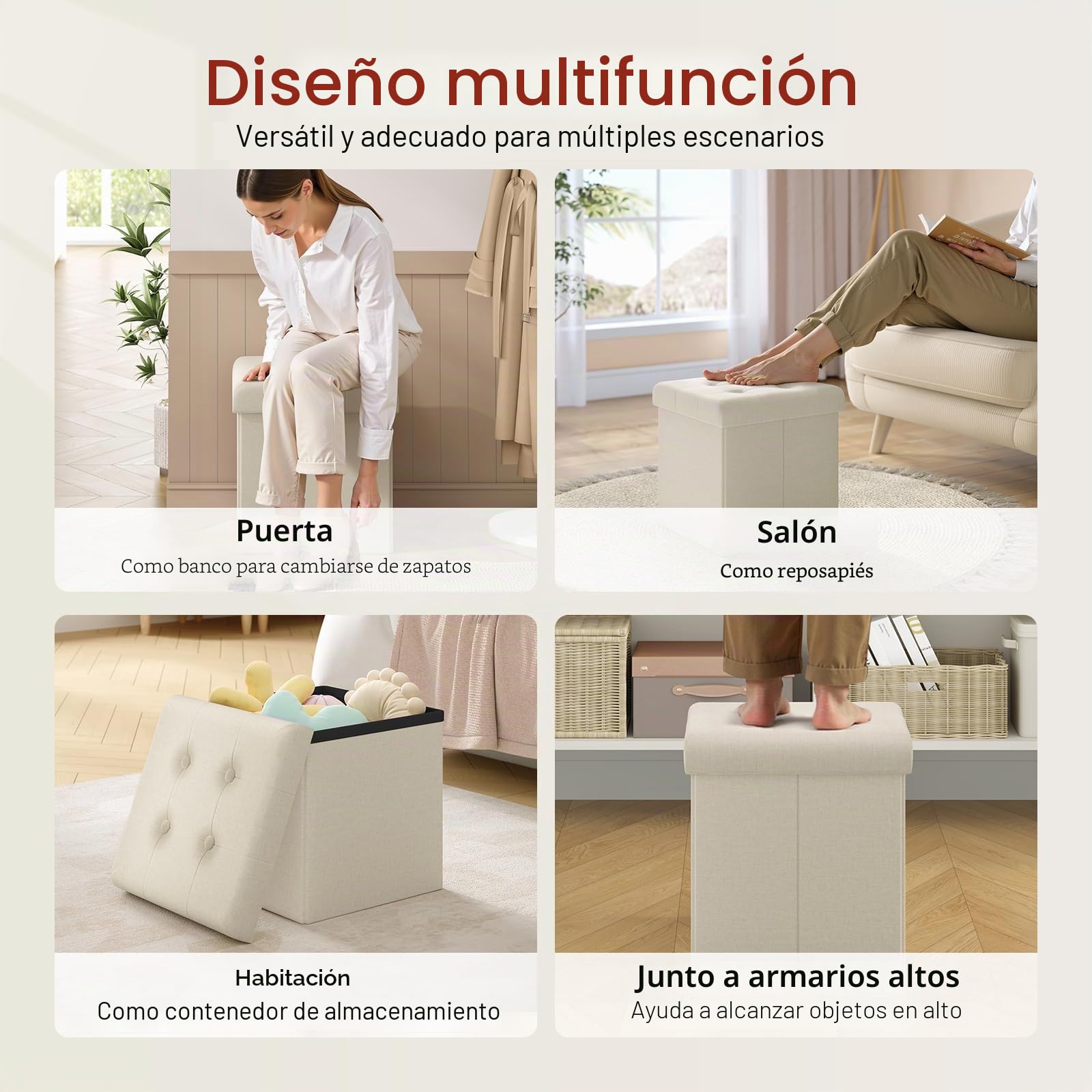 WOLTU Juego de 2 Taburete Almacenaje 17 L, Baúl Plegable de Almacenamiento, Taburete Otomano en Lino Imitado, Taburete Reposapiés Plegable para Cama y Sofá, 30x30x30 cm, Crema