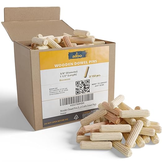ALBO Wooden Dowel Pins 3/8 x 1 1/2 inch Fluted Wood Dowels Rods 150 Pack Hardwood Crafts Dowel Pegs