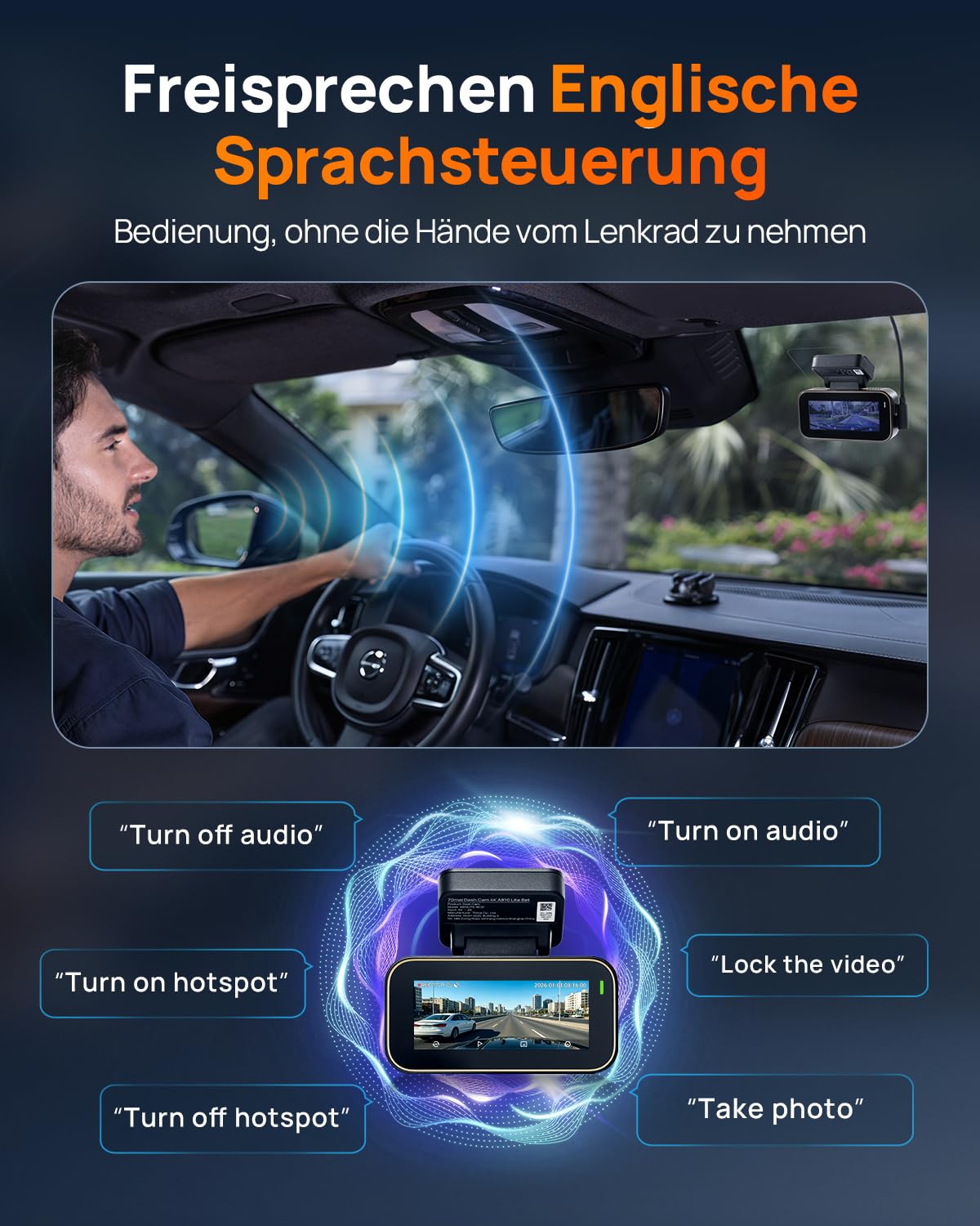 70mai A810 Lite Dashcam 4K 2160P+1080P 64GB Karte 24H Parküberwachung 4G LTE Fernzugriff G-Sensor Nachtsicht HDR F1.55 5GHz WiFi