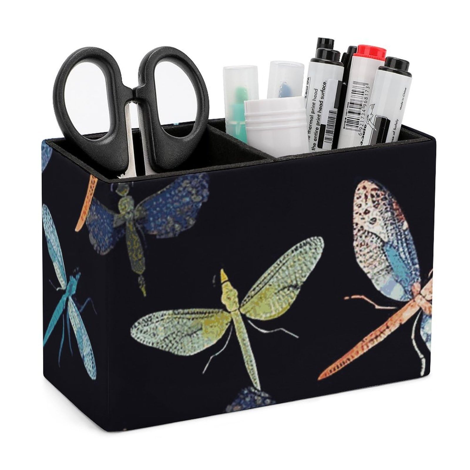 JTREHY Colorful Dragonfly Pencil Holder Exquisite Fashion Leather Pen Receptacle Soft High-End Pen Container for Office Home Accessories Or Housewarming Present