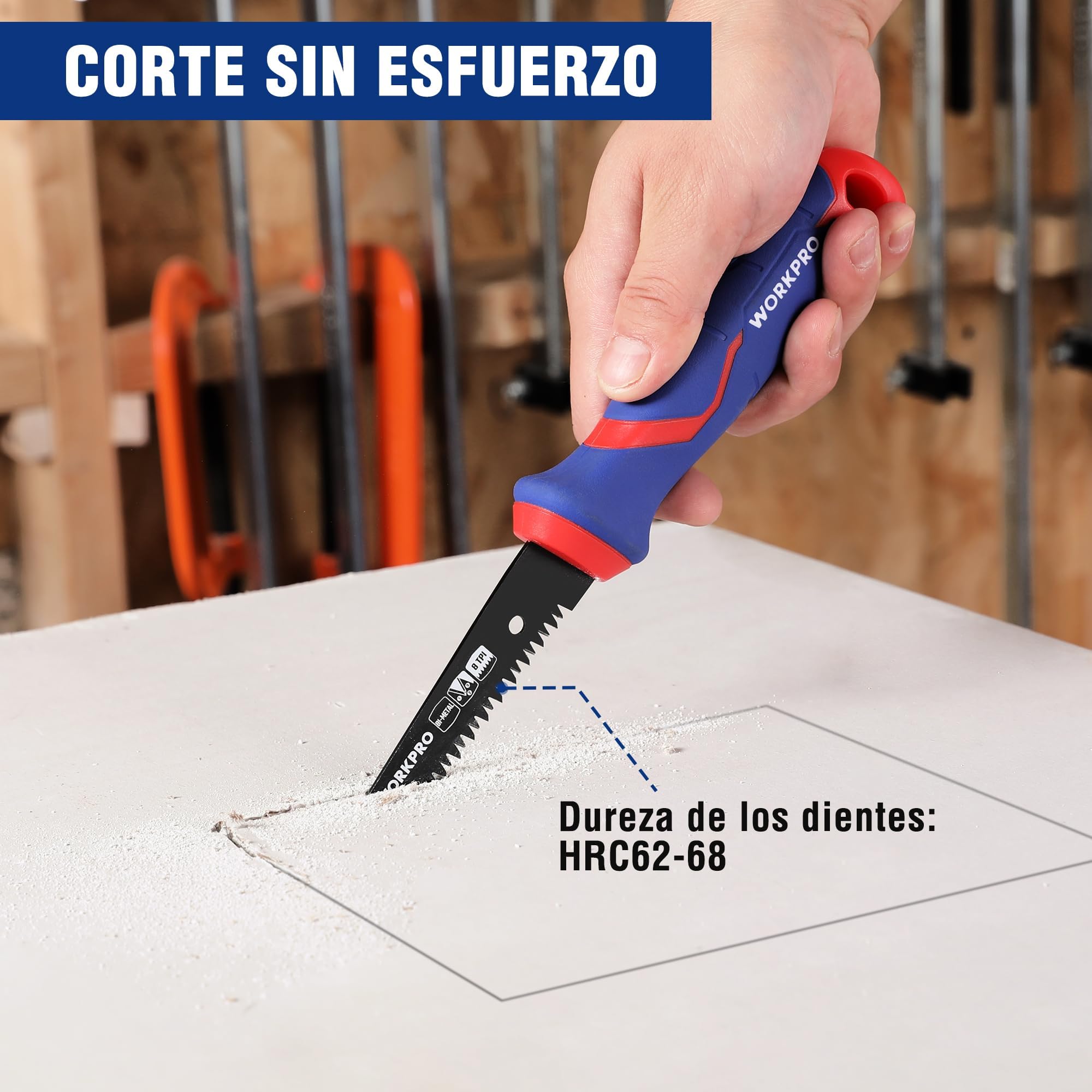 WORKPRO Sierra Bimetálica 310mm, Hoja D6A+M2 de 8 TPI, Agujero de Colgar, Ideal para Cortar Yeso, Madera y PVC, Paneles Finos