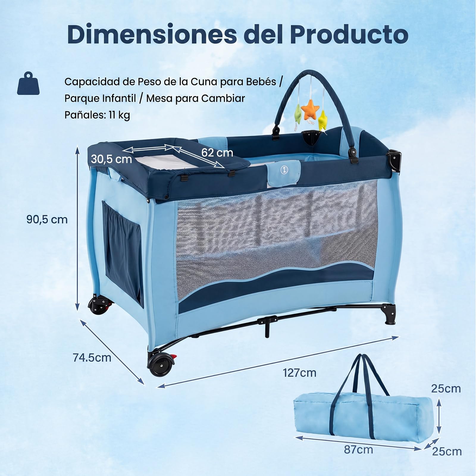 COSTWAY 4 en 1 Cuna de Viaje para Bebé con Cambiador y Colchón (Azul)
