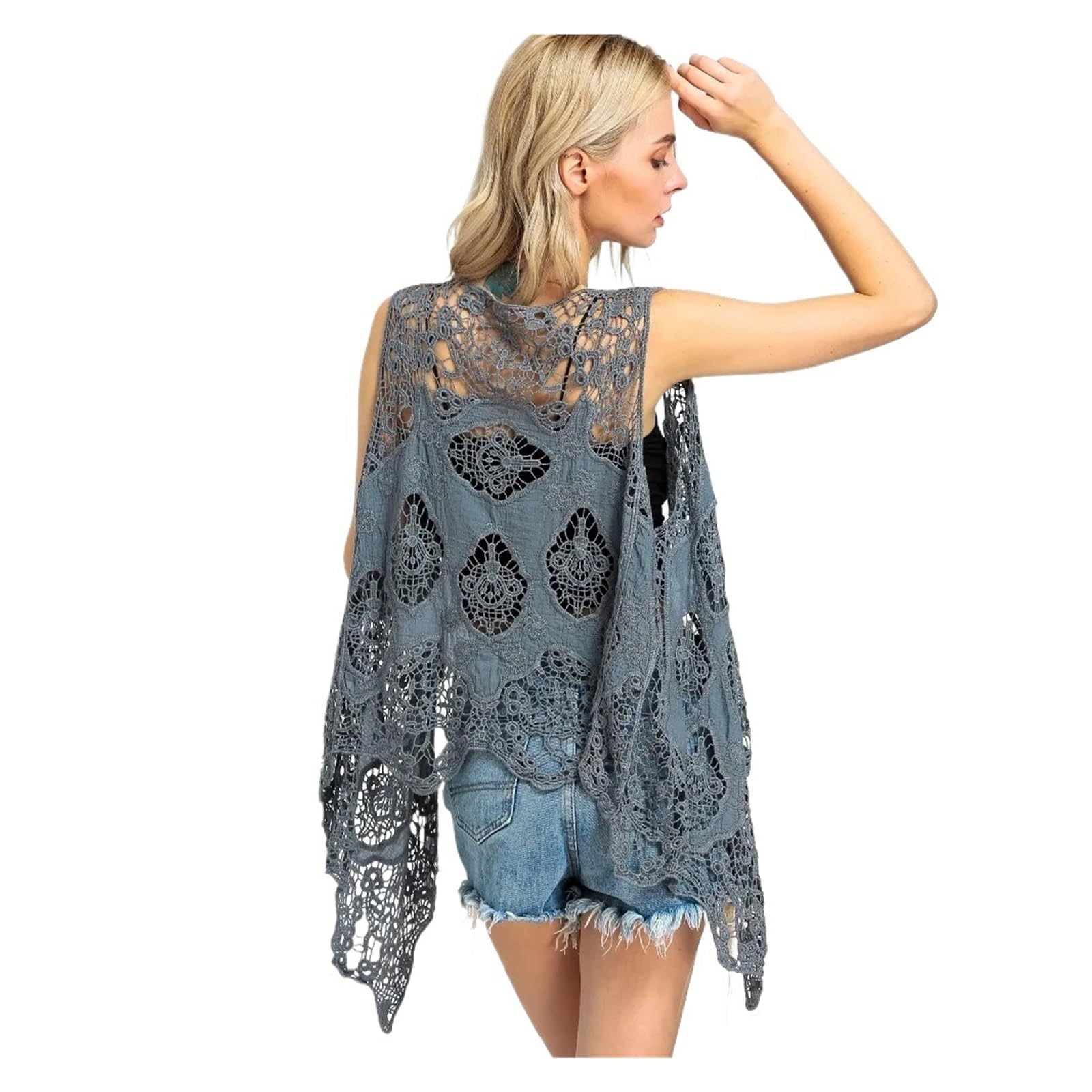 Cardigan asymétrique à motif floral rétro au crochet, couverture de plage