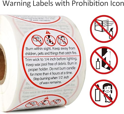 Miniatura 2 de Etiquetas de advertencia de velas grandes de 2 pulgadas con icono de prohibición, 500 piezas de calcomanías para hacer velas de cera de soja para