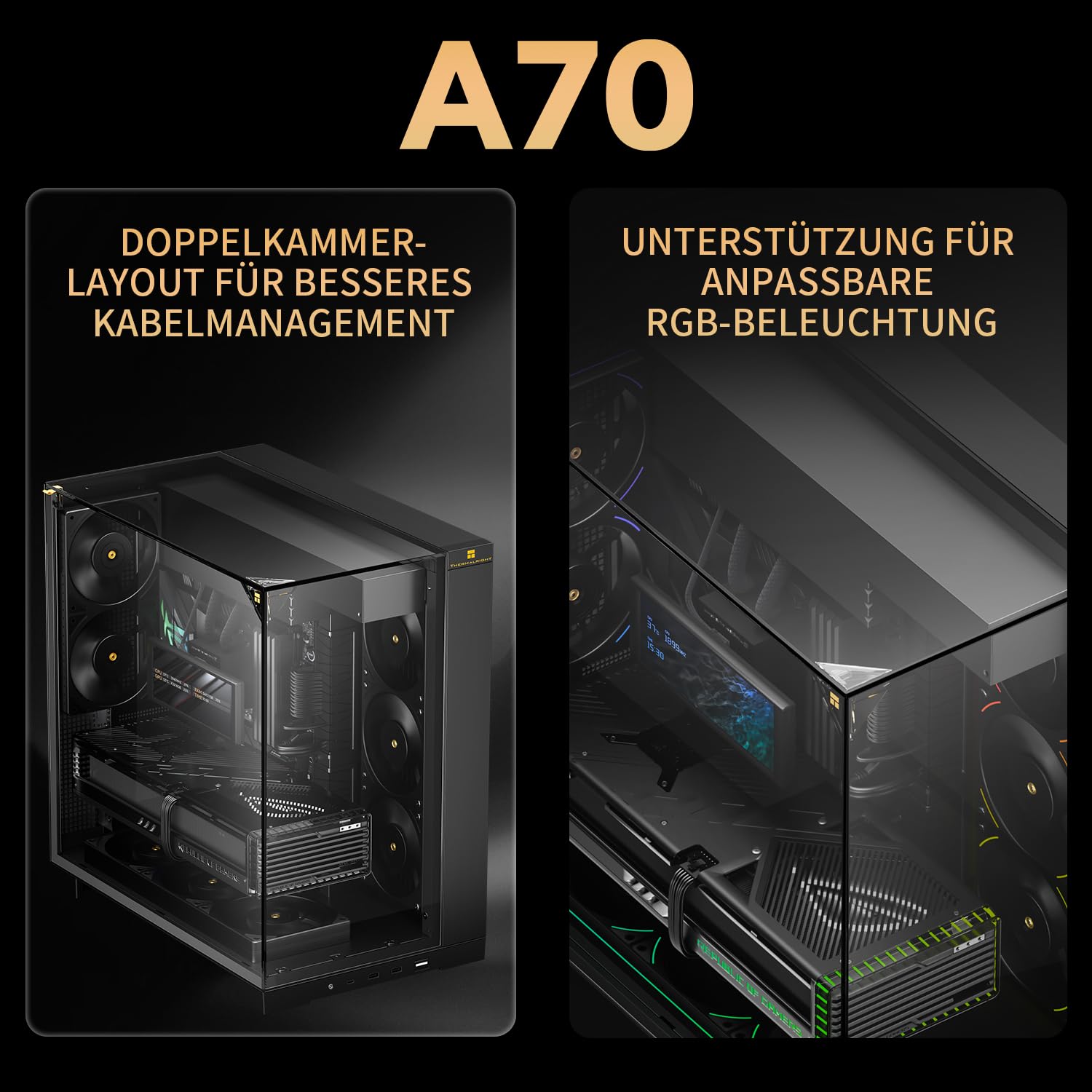Thermalright TR A70 - Carcasa para Videojuegos ATX (Cristal sin Apoyo, 8 Ranuras para Ventiladores de CPU+Flujo de Aire de Cuatro vías, Cierre rápido sin Herramientas, Montaje Vertical de Tarjeta