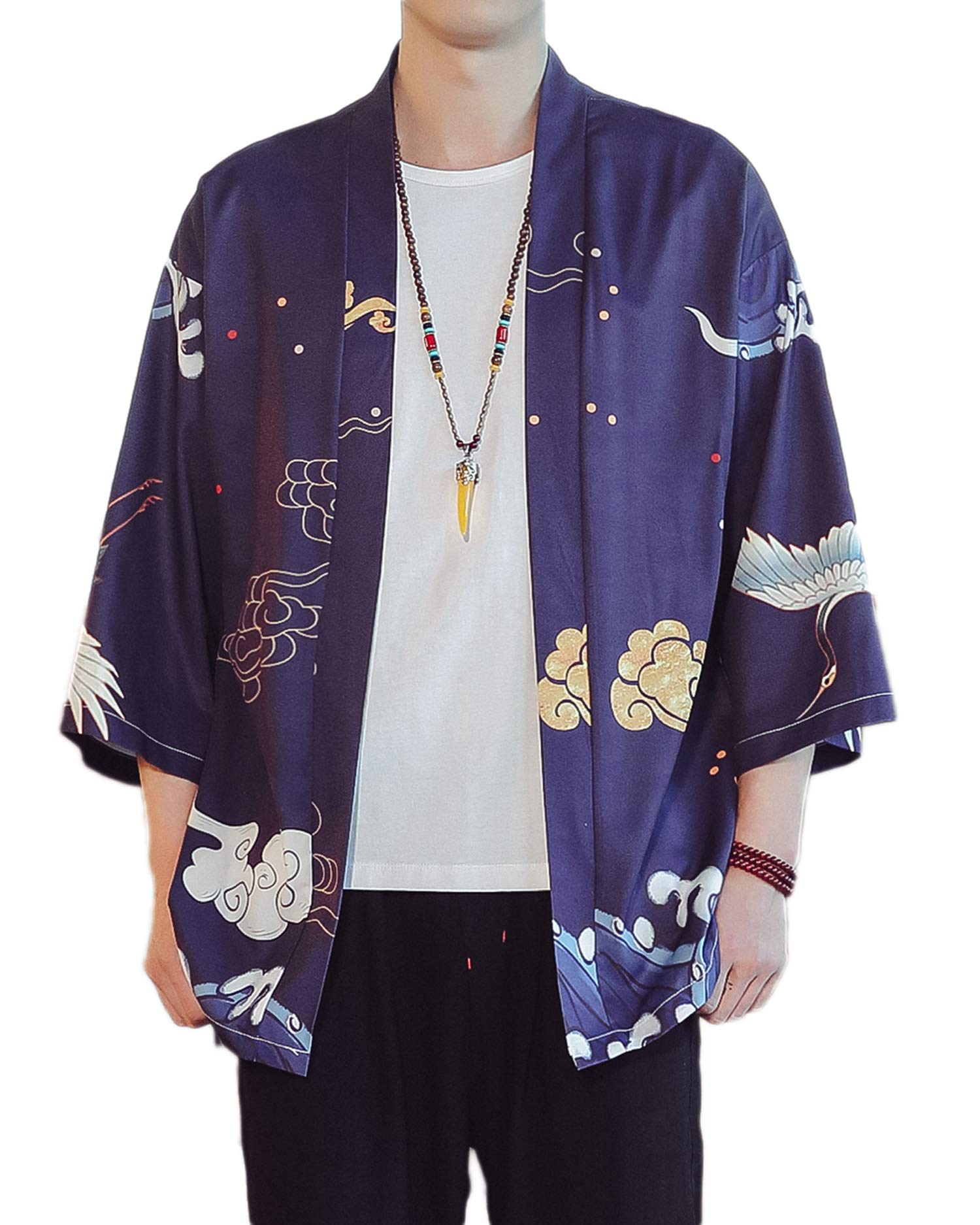 Men's Kimono Jacket Lightweight 3/4 Sleeve Kimono Cardigan Japanese Robe