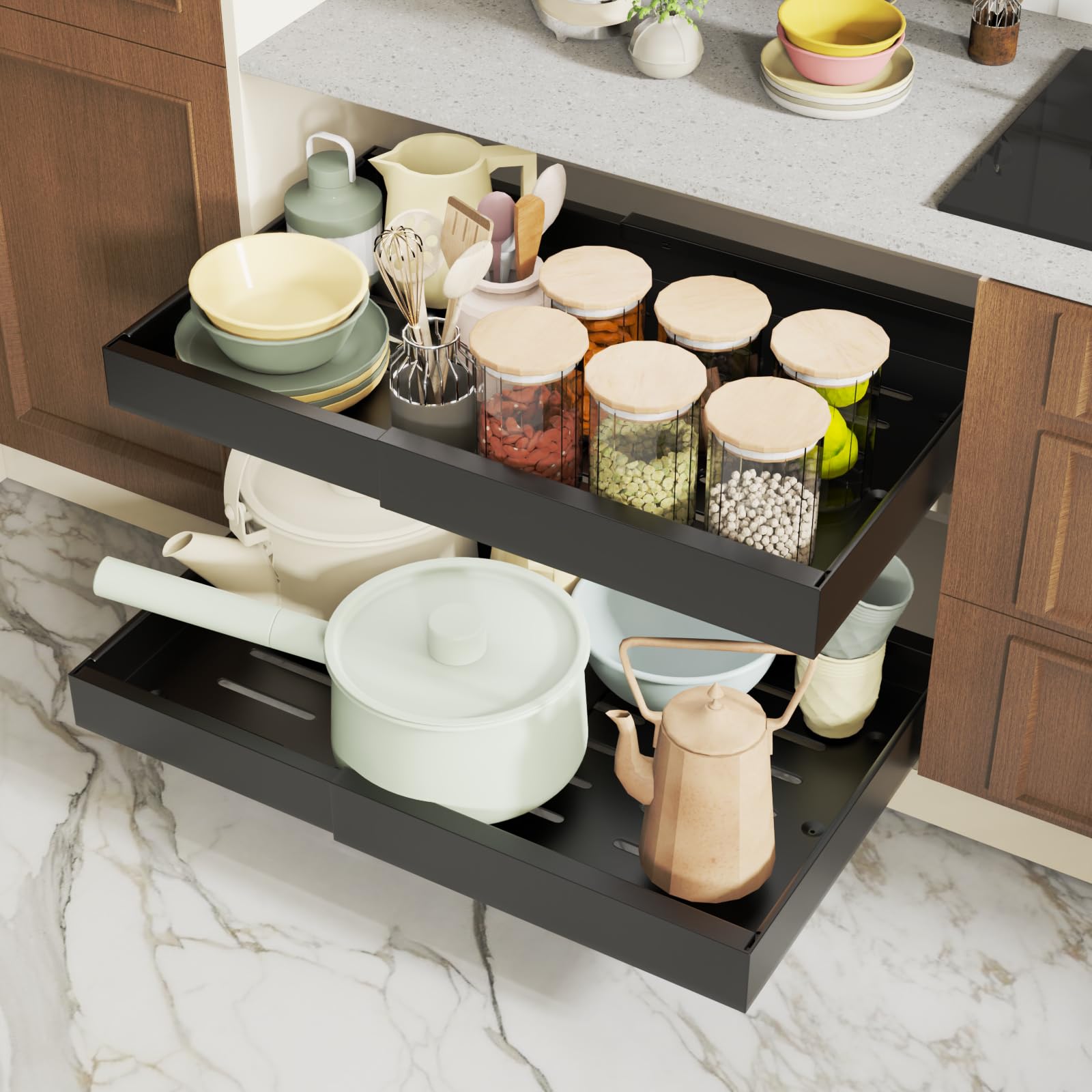 Tiroir Coulissant Cuisine Adhésif, Lot de 2 Tiroir Télescopique Extensible, Plateau Coulissant à Largeur Réglable (32-52 cm L x 42 cm P x 7.5 cm H), Sans Perçage, Noir