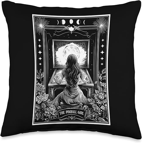 The Pinball Girl Retro Arcade Game 80s Tarot Card Skeleton Throw Pillow