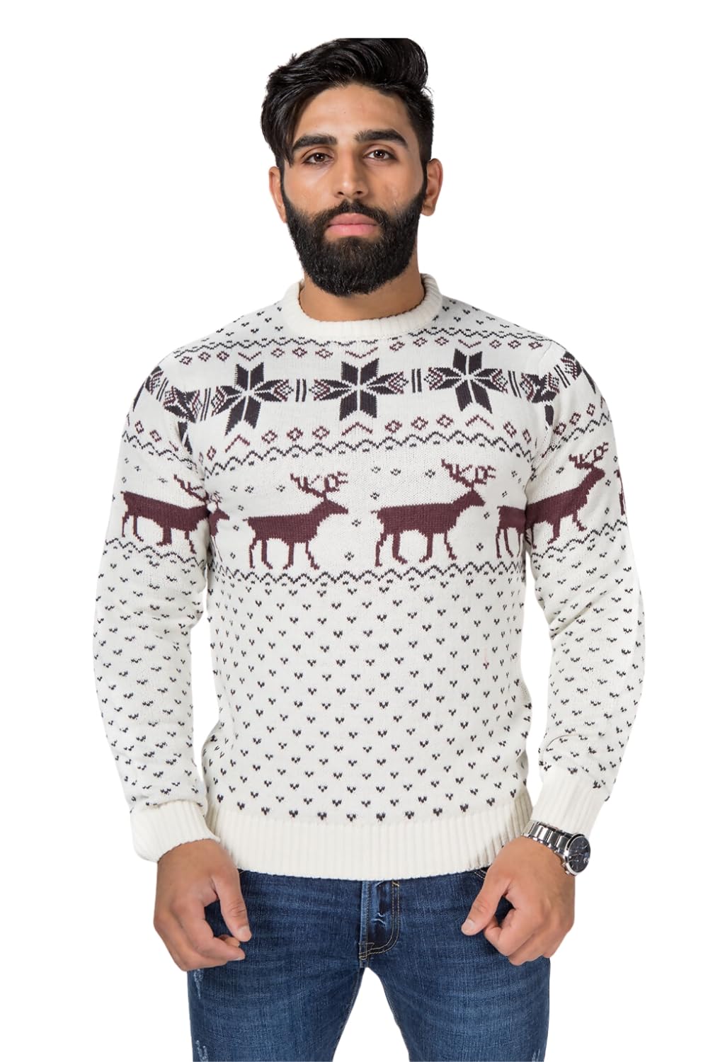 J5fashion Mens Nordic Stag Reindeer Festive Christmas Boys Xmas Jumper (UK, Alpha, L, Regular, Regular, Cream)