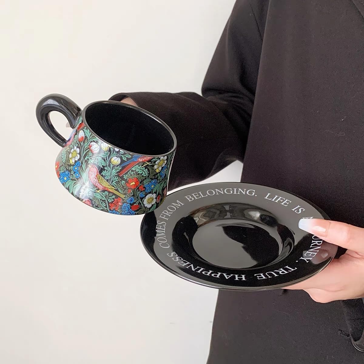 Eplze YBK Tech Morris Style Ceramic Cup and Saucer Set, 9oz Teacup with Saucer- Birds and Floral Pattern (Black) - Image 4
