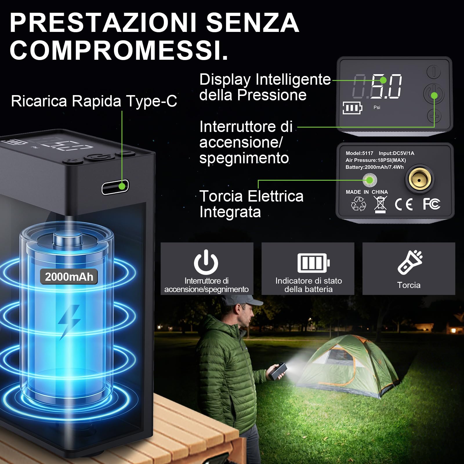 Doccia da Campeggio Elettrica 20L con Pompa 2000mAh, Nero | Tubo di 2m per Vanlife e Spiaggia, Sacca Pieghevole Portatile, Luce LED Notturna, Ottimo per Cani