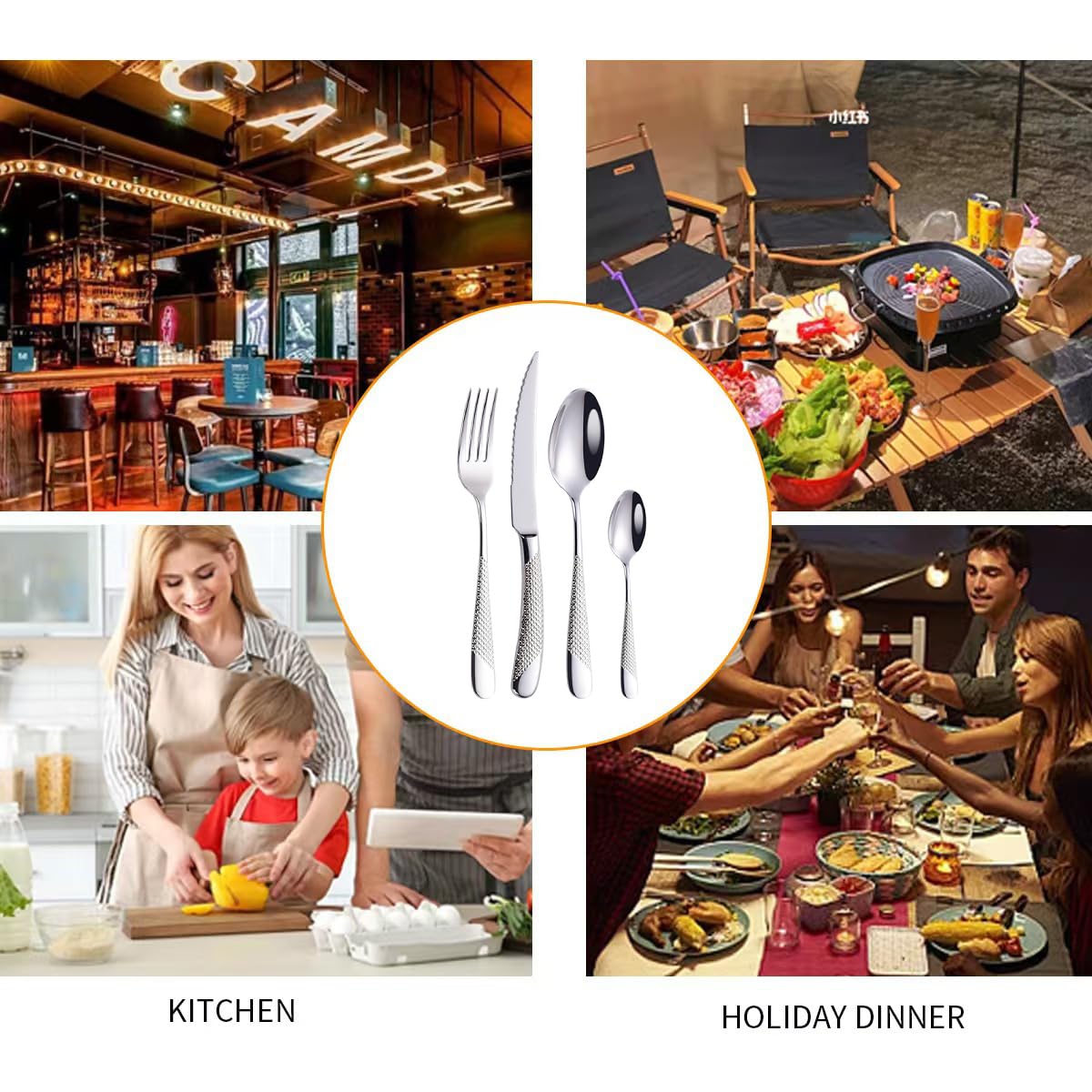 Lot de 24 couverts martelés en acier inoxydable avec couteau, fourchette, cuillère, couverts pour 6 personnes, couverts modernes en argent pour la maison/restaurant/fête