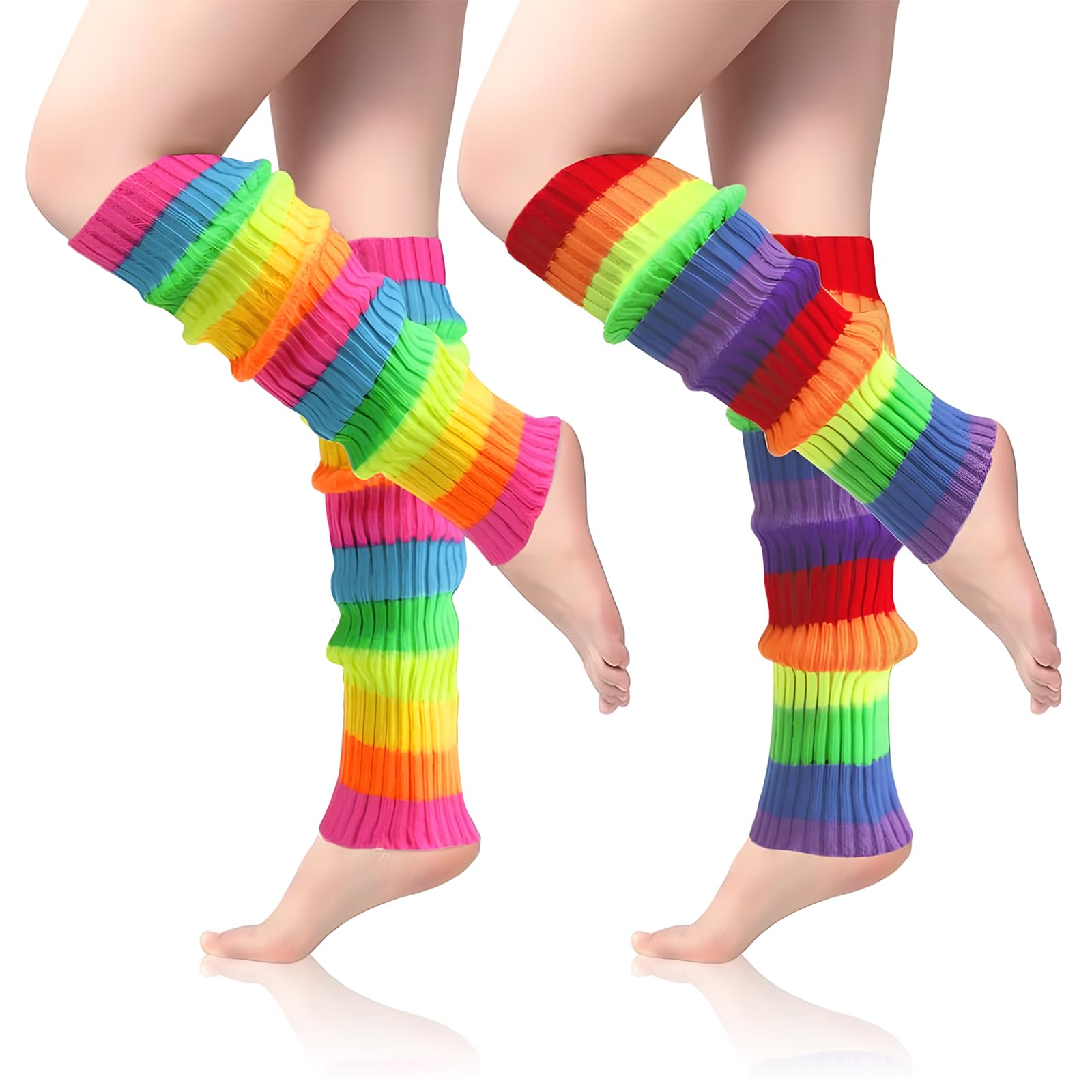 Gmhlles Unisex Multicolour 2 Pair Neon Leg Warmers, Rainbow Leg Warmers 80S Warm Stacked Socks Rainbow Fluorescent Neon Accessories Perfect For Women And Men 80'S Fancy Party Ballet Skating Ice Dancing