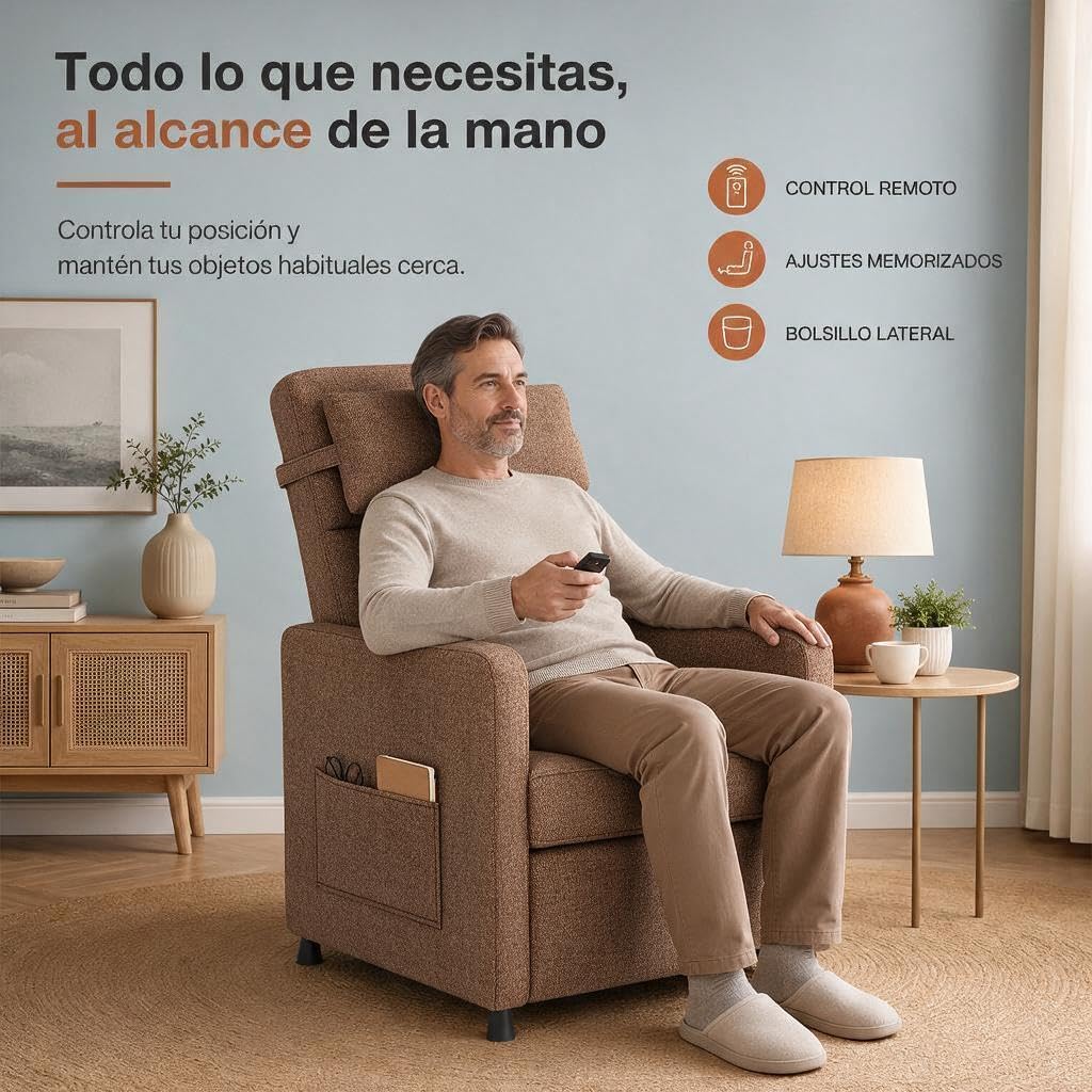 GarveeLife Sillón Relax eléctrico Masaje Calor Lino, 83x76x102 cm, Marrón | 4 puntos de masaje, calor lumbar, reclinación eléctrica 150°, mando con memoria, tejido lino y estructura de hierro en casa.