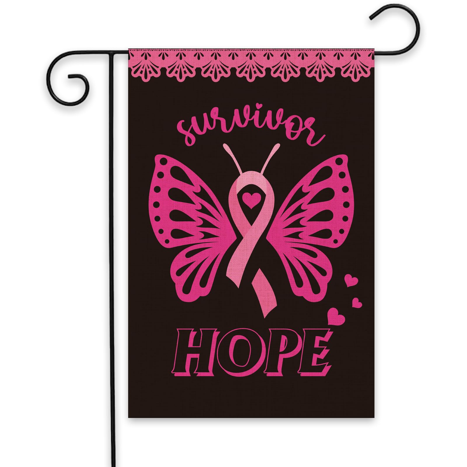 ShuanQ Survivor Hope Garden Flag - Breast Cancer Awareness Ribbon Garden Flag - Butterfly Hope Love Cure Inspirational Support Yard Outdoor Decoration - Burlap Flag Double Sided - 18 x 12.5 in