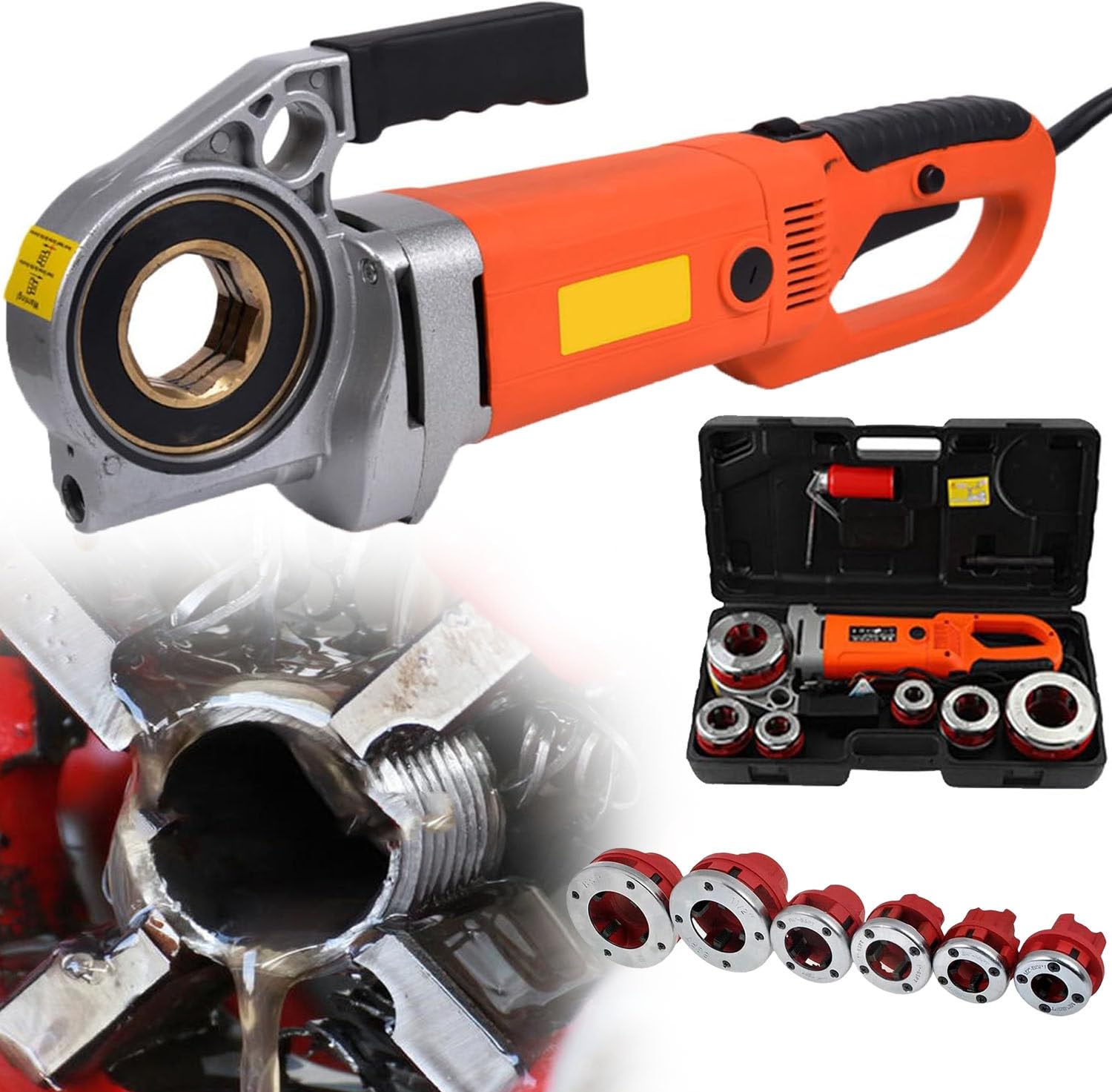 Roscadora de Tubos EléCtrica de 2300 W con Motor de Cobre, PortáTil, con 6 Matrices de 1/2" a 2" y Estuche de Transporte de 6 Cabezales, para Roscar TuberíA Galvanizada