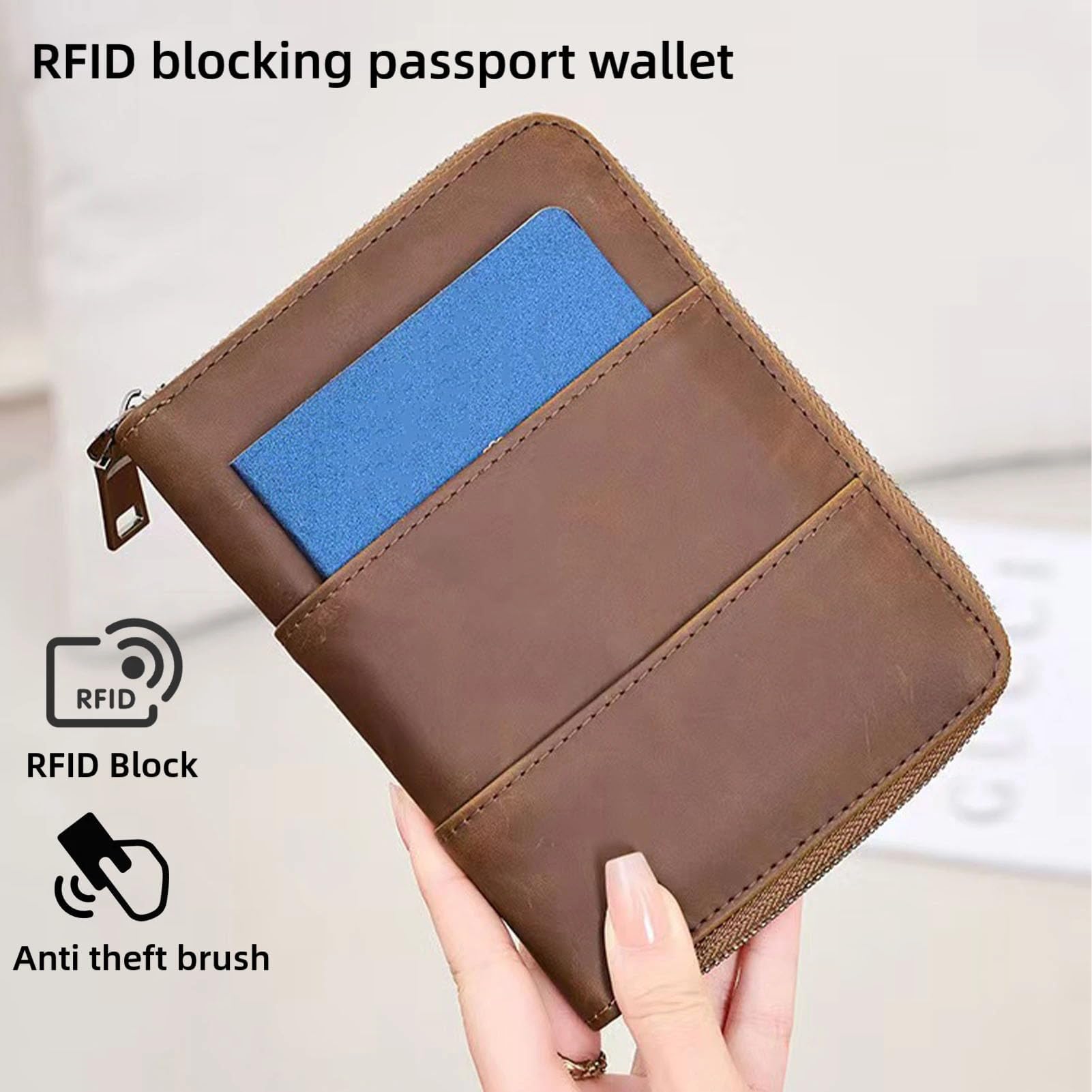 Portafoglio Portapassaporto da Viaggio con Protezione RFID E Cerniera – Portafoglio Portapassaporto per Famiglia E Pochette Portadocumenti da Viaggio,Brown