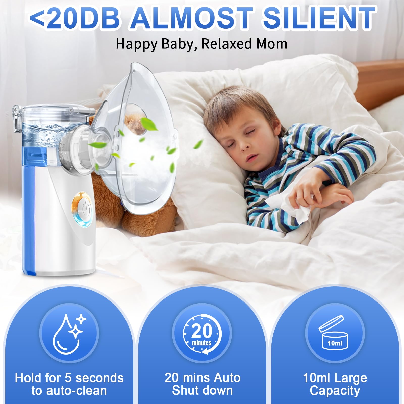 Aerosol per Bambini e Adulti – Nebulizzatore Ultrasuoni Portatile per Neonati, Inalatore con 2 Maschere e Boccaglio, Batterie non incluse (Blu)
