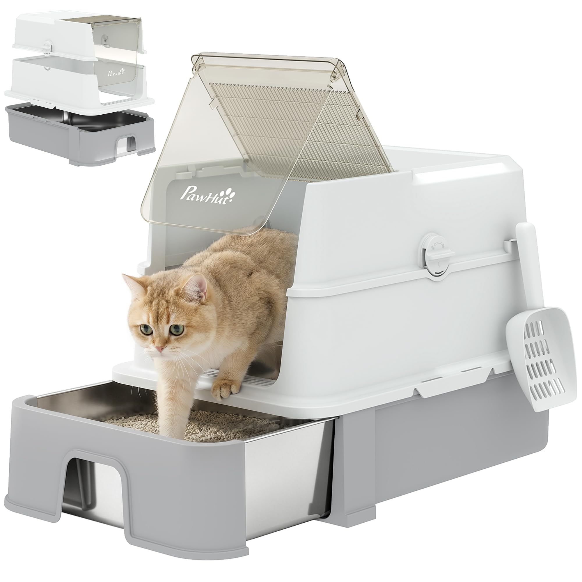 PawHut Lettiera Gatto Chiusa XL in Acciaio Inox con Coperchio 68L Grigio | 3 in 1 Toilette per Gatti, Vassoio Estraibile, Paletta, Pareti Alte, Antiperdita, Antiodore, Facile da Pulire