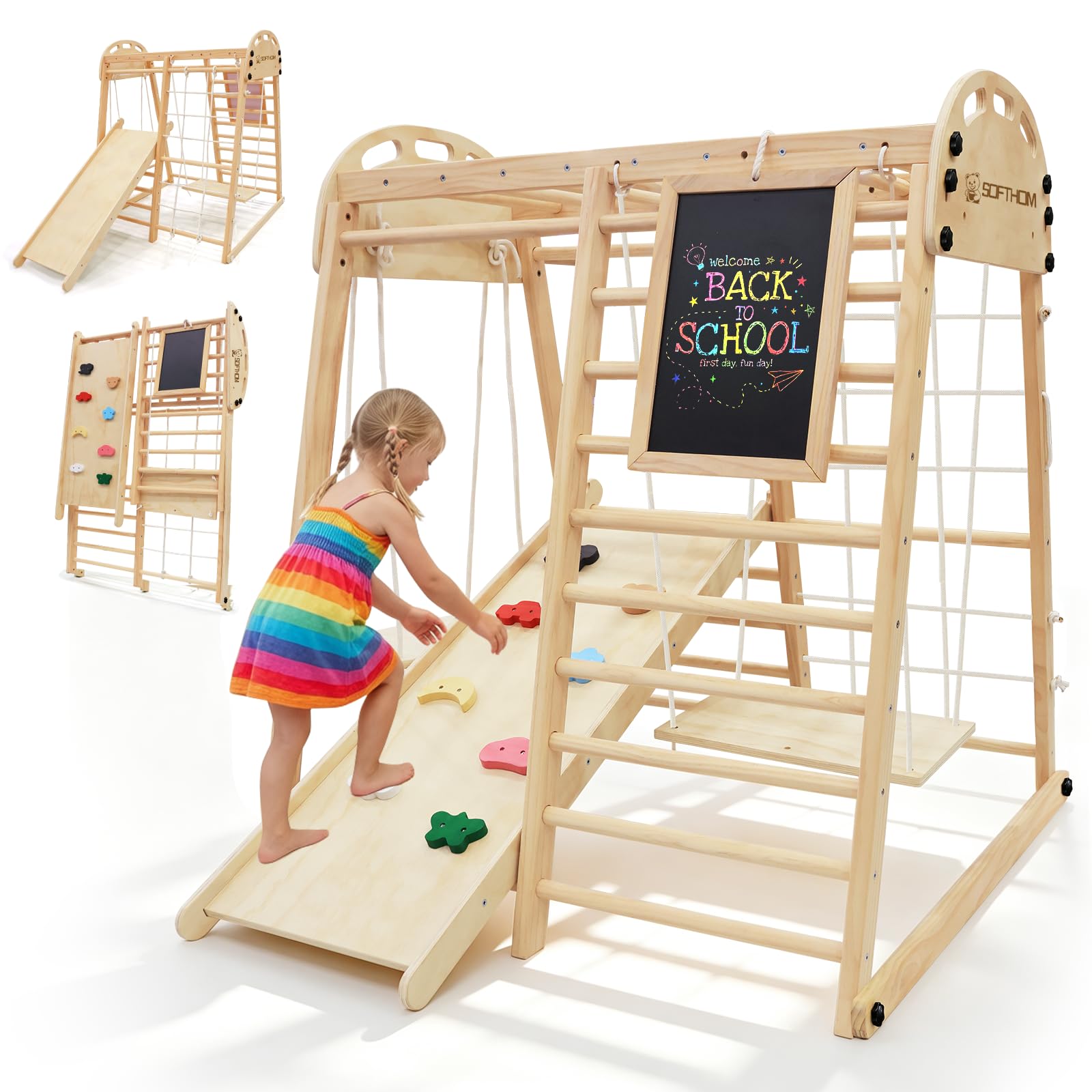 Klettergerüst Indoor Klappbar, Spielplatz für Kinder ab 1 Jahr | Montessori Kletterausrüstung Kinder mit Tafel, Rutsche, Schaukel, Kletterdreieck, Kletternetz, Natur Holz Kinderzimmer