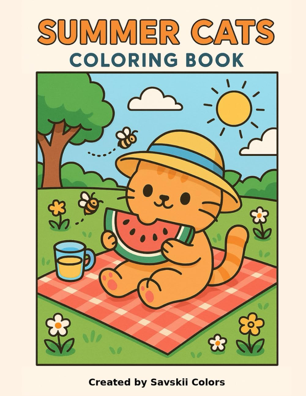 Summer Cats: Kawaii-Inspired Bold and Easy Coloring Book for Adults or Kids (Cats Doing Things: Kawaii Inspired Cat Coloring Book Series)