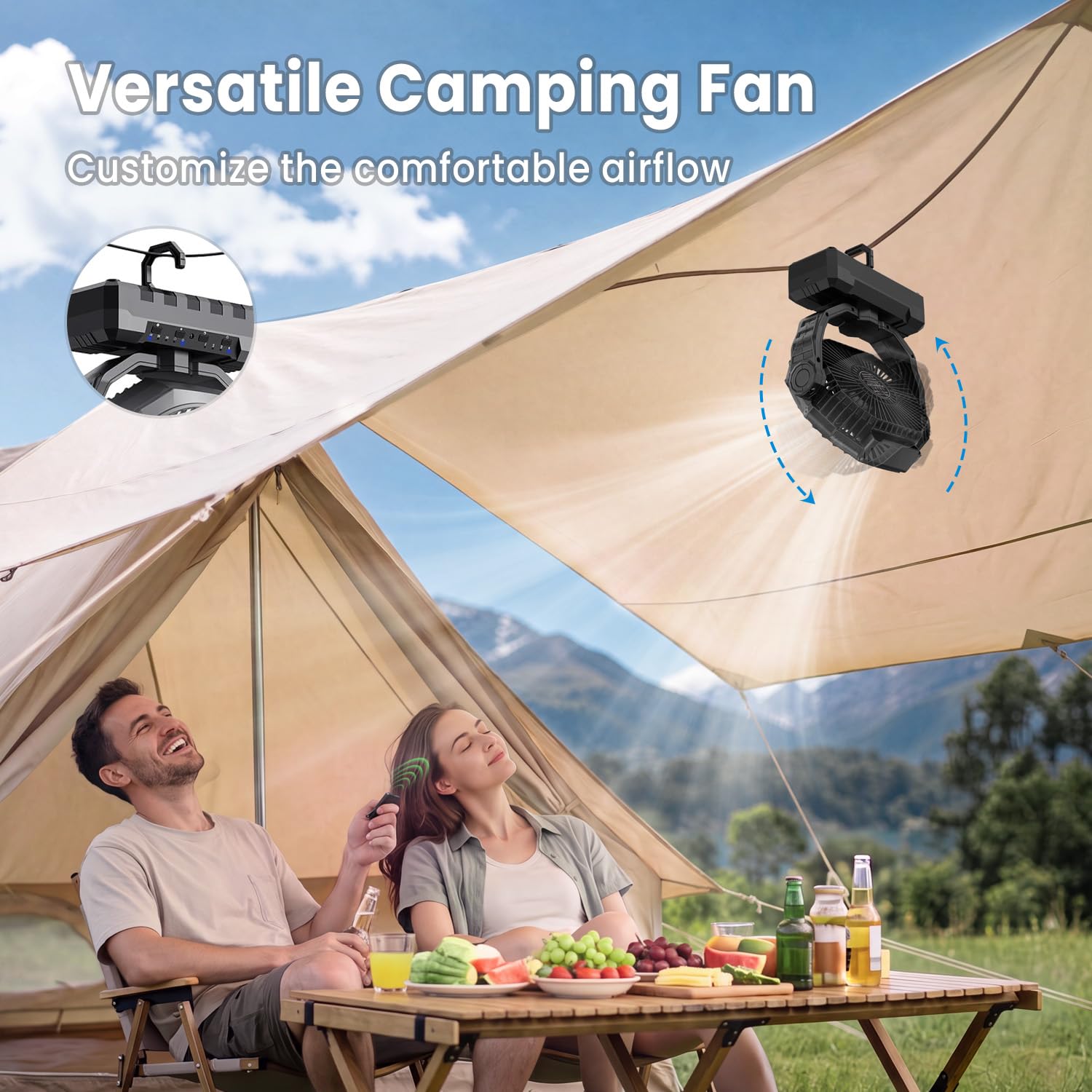 FRIZCOL Ventilatore da campeggio 3 in 1, portatile, ricaricabile, 36000 mAh, alimentato a batteria, con luce e telecomando, per interni, esterni, tenda, viaggi, pesca, cantiere, regali per uomini