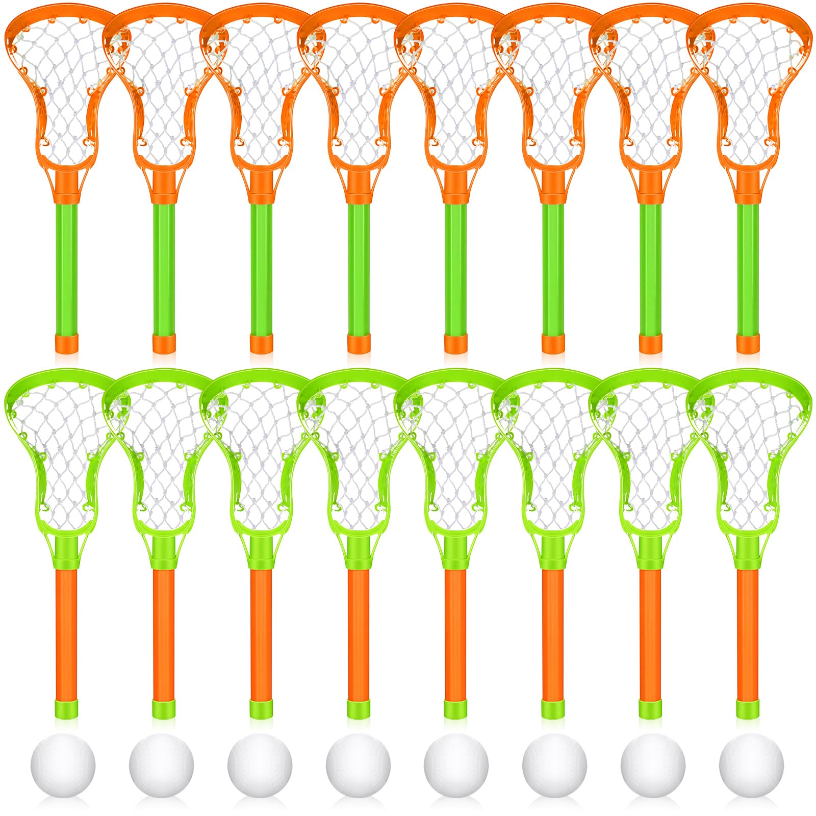 Arrowbash 8 Sets Lacrosse Stick and Ball, Each Includes 2 Water Lacrosse Sticks for Pool and 1 Ball Plastic Game Set for Kids Teens Adults Youth Outdoor Beach Sport Summer (16 Inch,Green and Orange)