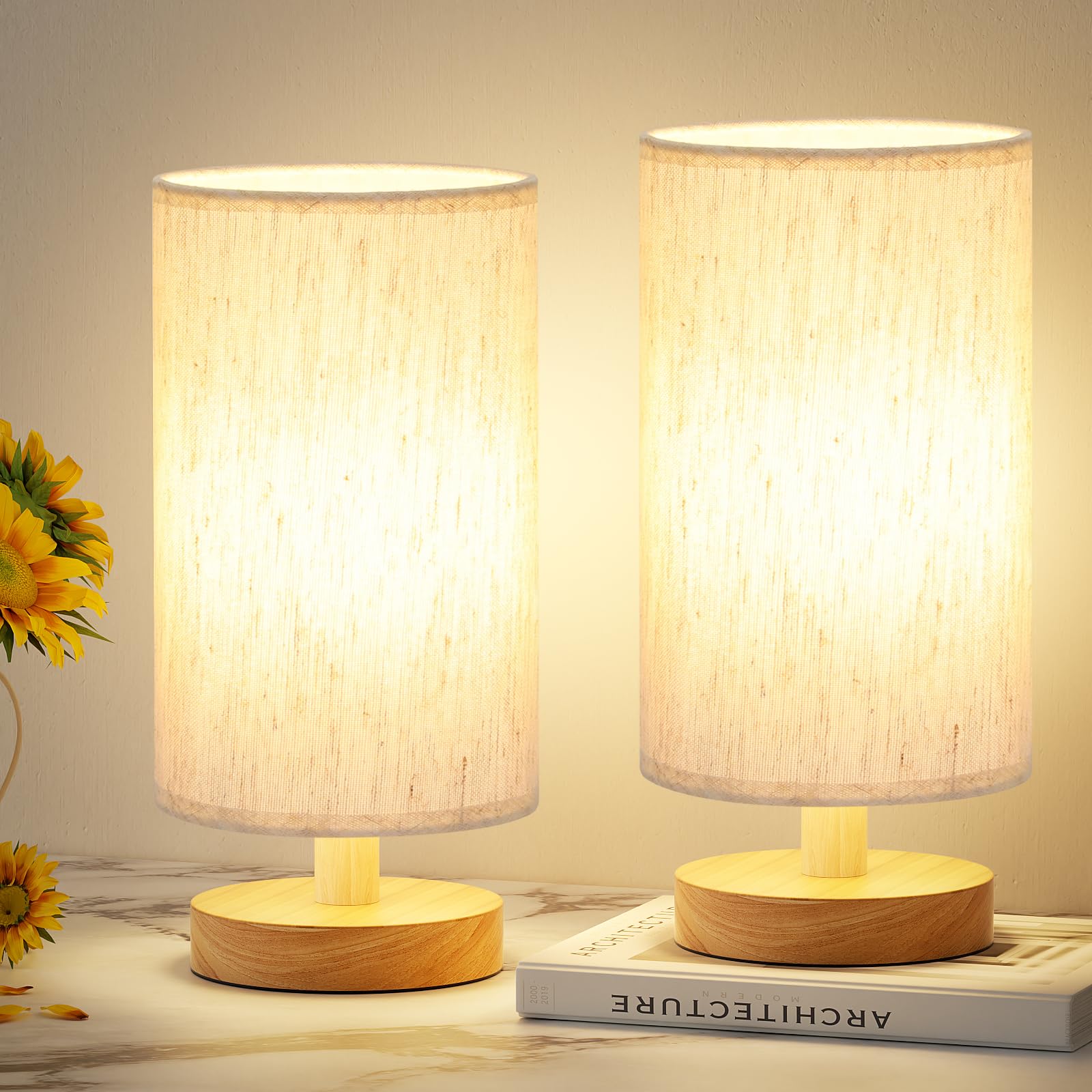 Aooshine Small Table Lamps Set of 2 for Bedroom Minimalist Bed Lamp with Round Fabric Linen Shade(Bulbs Included)