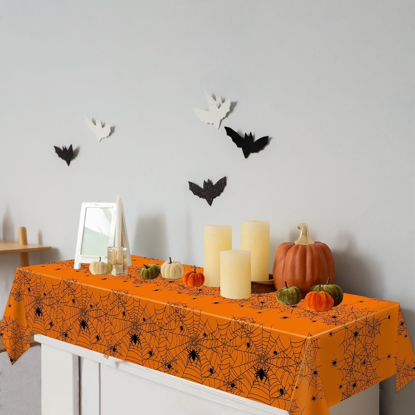 Tatuo 2 Pcs Halloween Tablecloth 54 X 108 Inch Plastic Halloween Table Cover Purple Black Cat Bat Pumpkin Halloween Party Decorations Outdoor Scary...