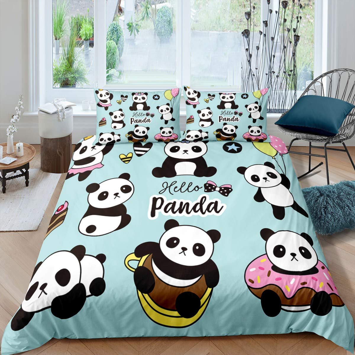 Parure de lit panda pour filles garçons et ados avec housse de couette 3 pièces