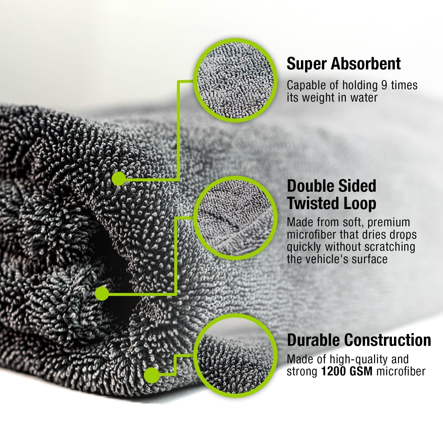 ExoForma Mega - Toalla de secado de coche de 2 unidades, sin rayas, arañazos o manchas de agua, microfibra grande de alta calidad de 1200 g/m², diseño de pelo de doble torsión y sin bordes para 1