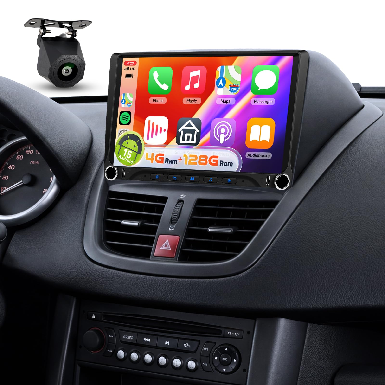 【4+128G】 Carplay Ecran pour Peugeot 207 2006-2010 avec USB Type-C, Autoradio 9 Pouce in-Cell Touchsreen avec Android Auto/EQ/WiFi/GPS/RDS/FM/Bluetooth 5.0/SWC,Caméra de Recul