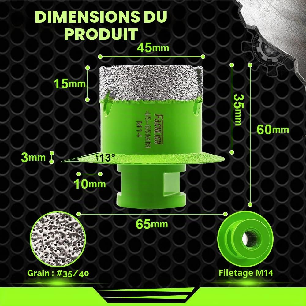 Scie cloche pour carrelage - 45 mm - Foret diamanté en porcelaine - Filetage M14 - Décapsuleur de lavabo - Pour marbre, céramique, carrelage, granit