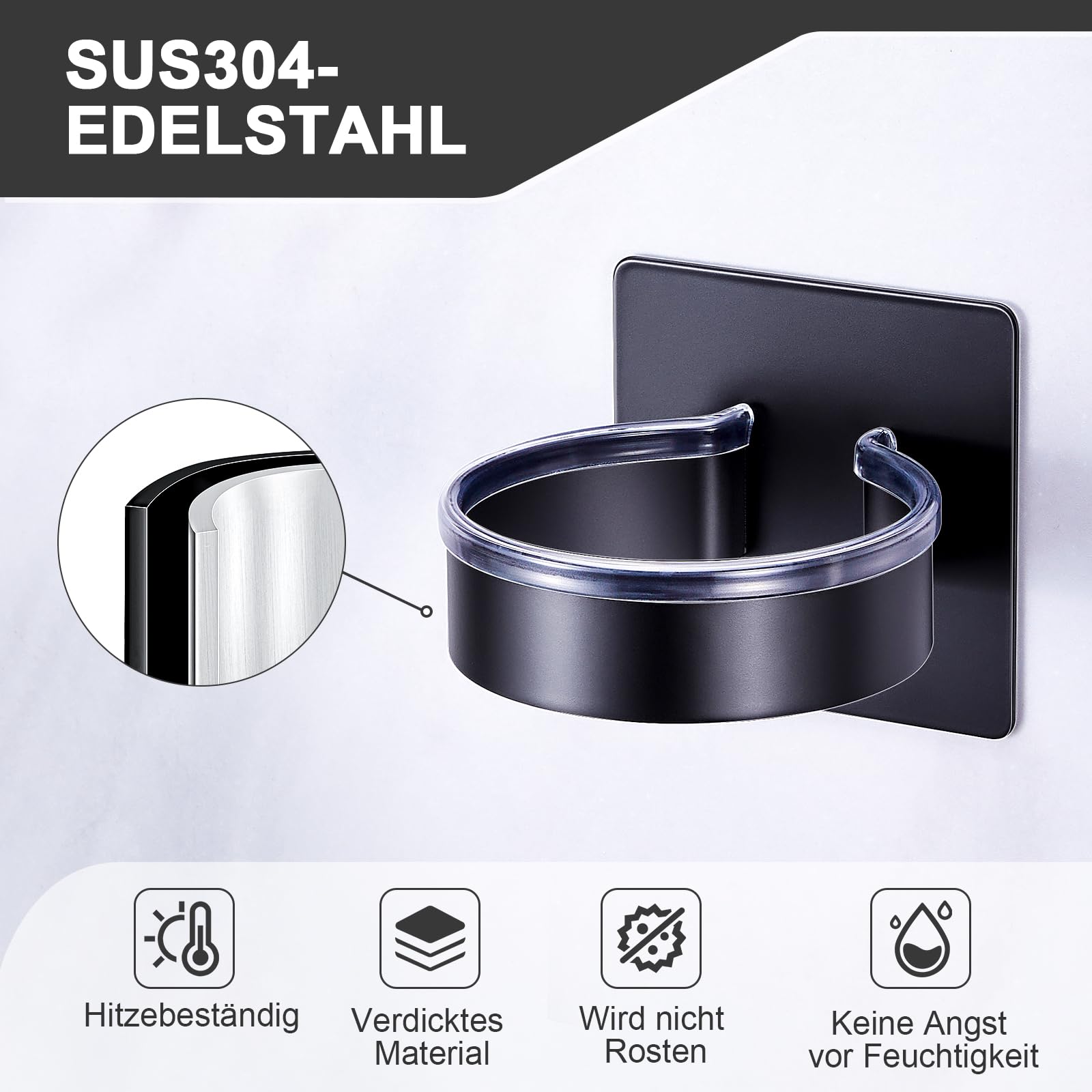 Soporte de Pared para Secador de Pelo Autoadhesivo, Negro