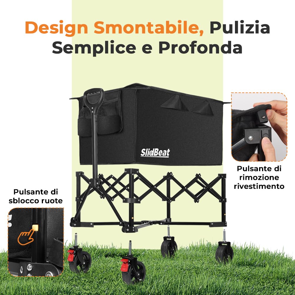 SLIDBEAT Carrello da Campeggio Portatile 120L, Carrello Spiaggia Ruote Grandi con Maniglia Regolabile, Carrello da Giardino Pieghevole Adatto a Tutti i Terreni