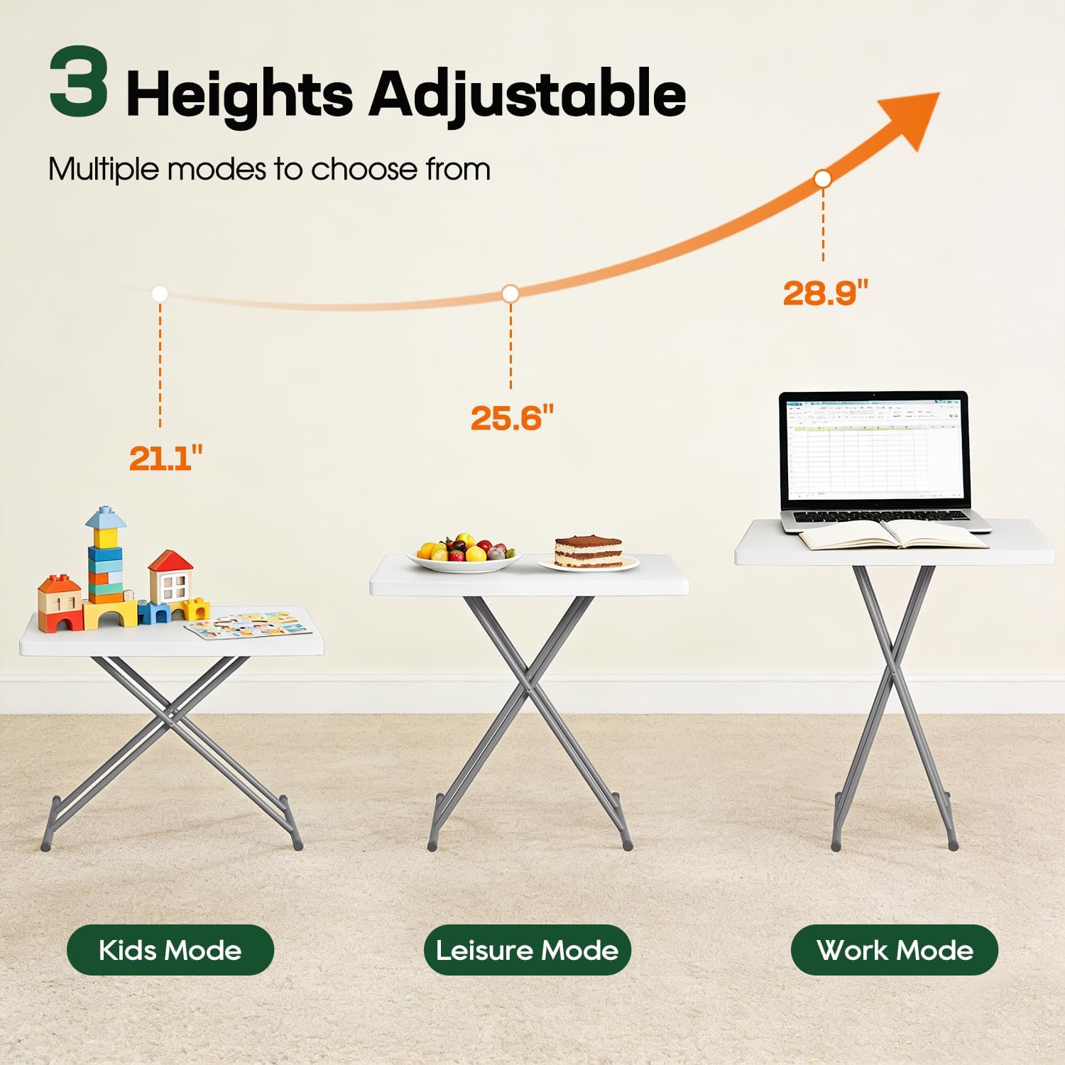 BestOffice 30 Inch Picnic Table, Utility Foldable Tray Table for Small Spaces, Small Desk Adjustable Height for Party Event, Camping, White