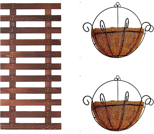 ShopLaLa Paquete  Soporte de madera para plantas + 2 cestas colgantes con forro de coco montado en la pared, cestas de flores verticales para