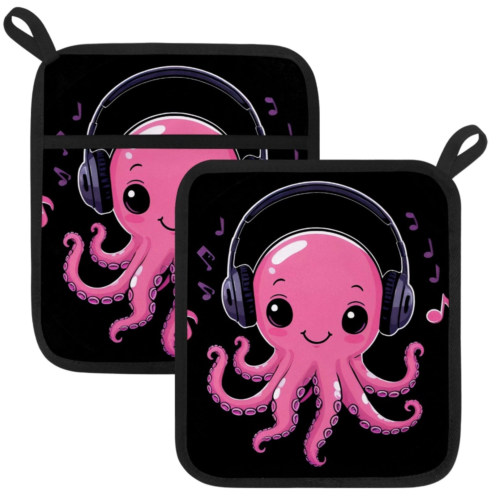 VAPOKF Pink Octopus Pot Holders with Pocket for Kitchen Heat Resistant Potholders Large Polyester-Cotton Square Oven Mitts Set
