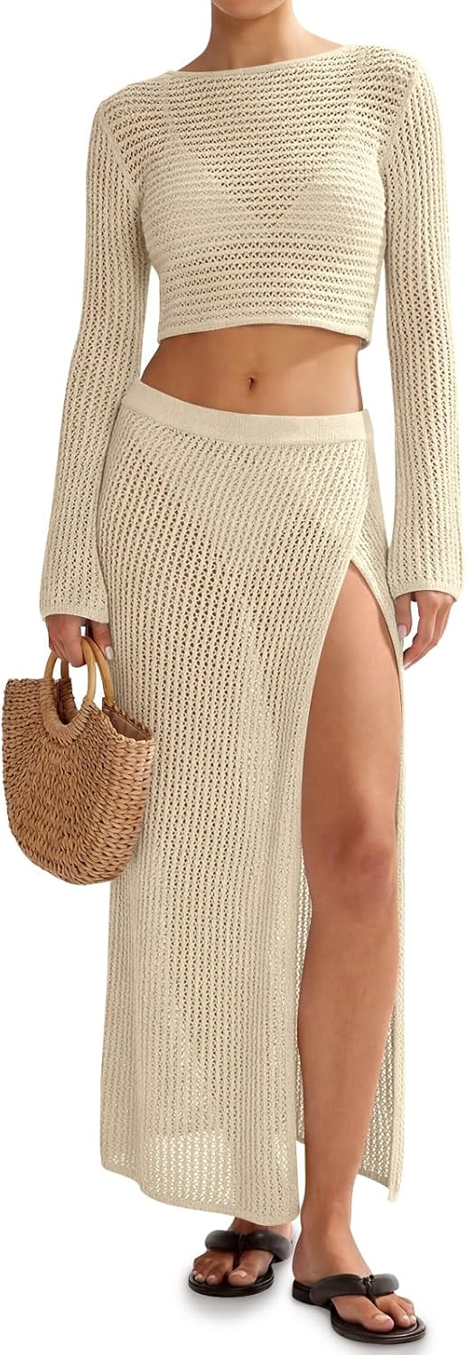 Saodimallsu Womens Crochet Beach Cover Ups Set 2 Piece 2026 Boat Neck Crop Long Sleeve Tops High Slit Maxi Skirt Sets
