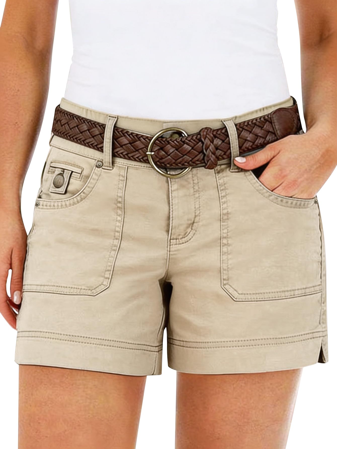 Flamingals Women's Mid Waist Solid Split Side Flap Pocket Casual Shorts