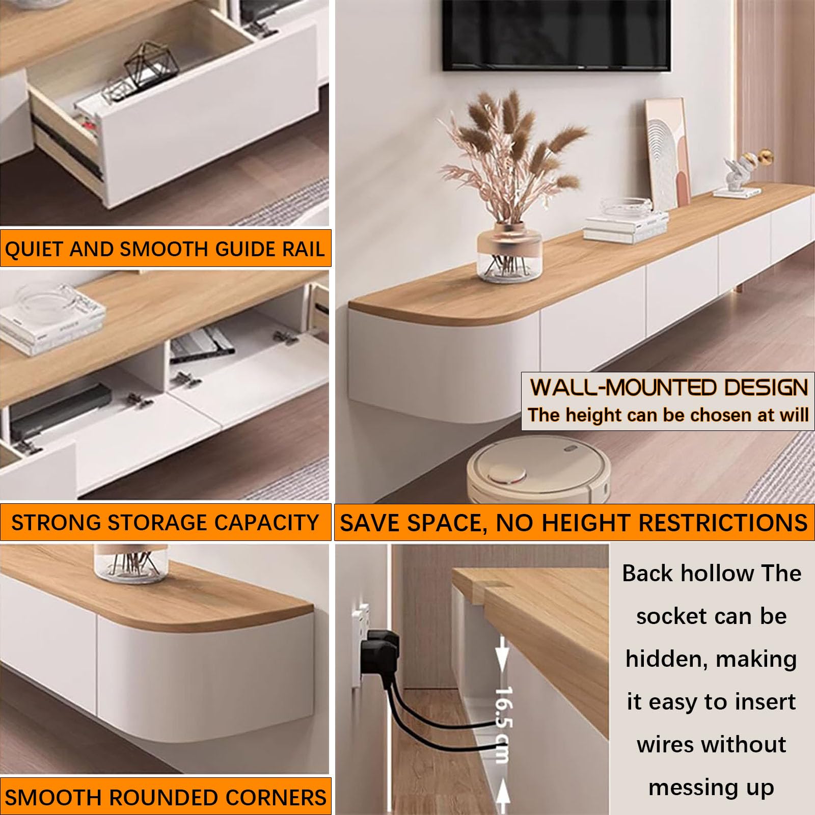 Mueble bajo moderno para TV colgante con iluminación LED, mueble para TV montado en la pared, de madera maciza, con cajones y estantes, consola multimedia para salón (Wood White+LED, 260 cm)