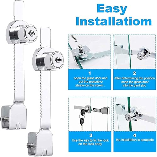 Miniatura 3 de Cerradura de puerta corrediza de cristal, cerradura de vitrina, cerradura de trinquete con acabado cromado, cerradura de caja de vidrio de